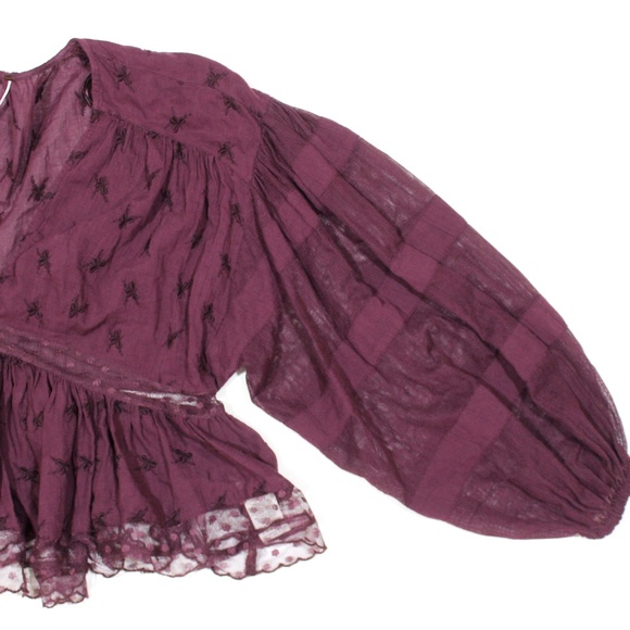 Free People Sheer Embroidered Lace V Neck Crop Top - Picture 3 of 6